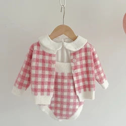 Autumn Spring Newborn Baby Girls Knitting Clothing Set Plaid Long Sleeve  Cardigan Coat+Sleeveless Rompers Children Clothes Suit