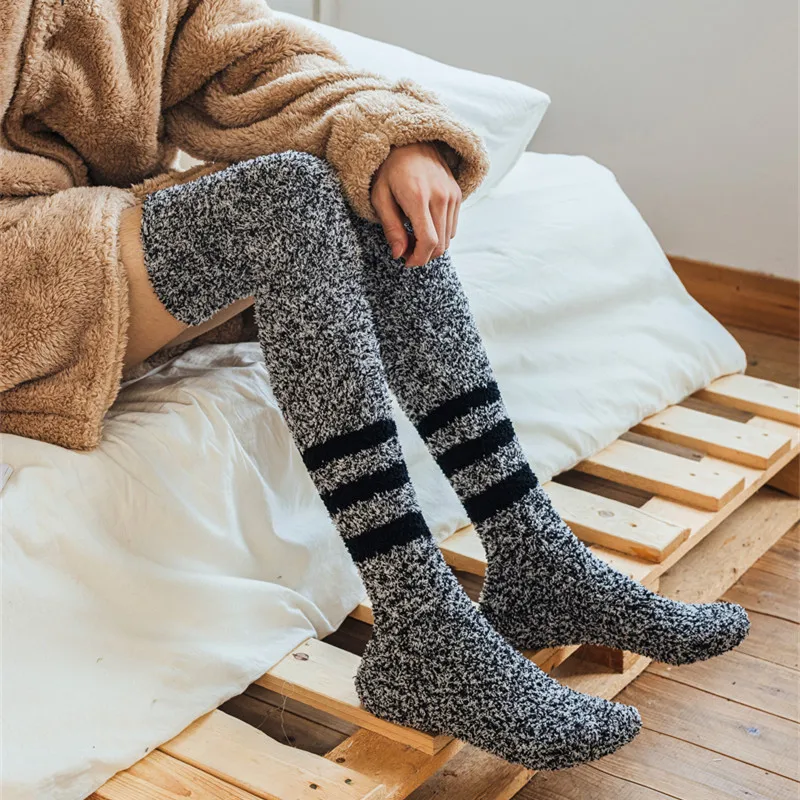 Men Winter Long Socks Coral Velvet Over Knee Warm Thicken Striped Fleece Fluffy Socks Floor Sleeping Homeware Soft Male Socken