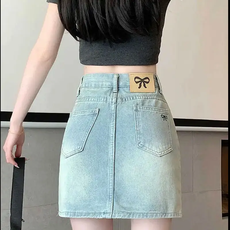 

High Quality Denim Skirt For Women Summer 2025 Bow Embroidery Design Hip Hugging High Waisted Slimming A Line Short Skirts Femal