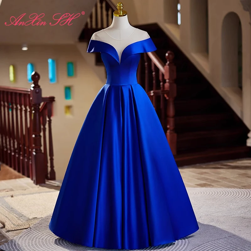 AnXin SH vintage princess royal blue satin o neck white lace illusion stage ball gown lace up party customized evening dress