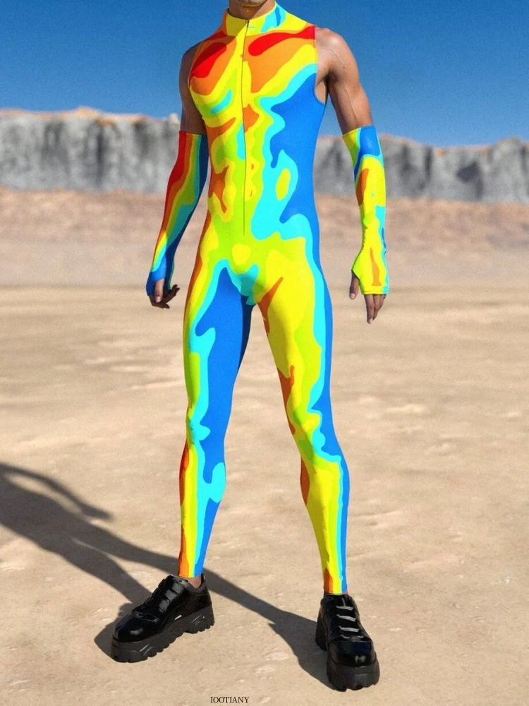 

Men's Sexy Rainbow 3d Printed Cyberpunk Muscle Bodysuit Halloween Festival Party Robot Stage Role Playing Performance Costume