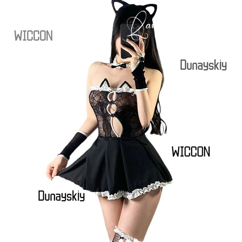Maid Catwoman Lolita Sleeping Dress Uniform Temptation Sexy Lace strapless Patchwork Mesh Set Valentine's Day Romantic cosplay