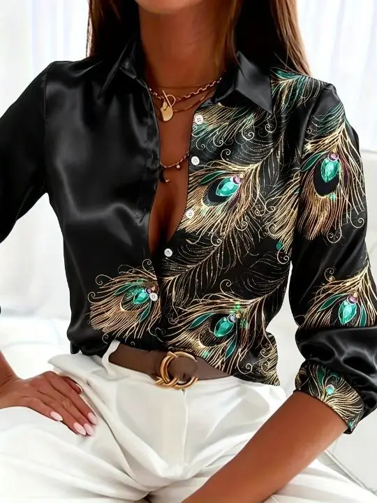 Women Lapel Collar Long Sleeve Button Shirt Peacock Feather Print Casual Loose Daily Blouse Tops
