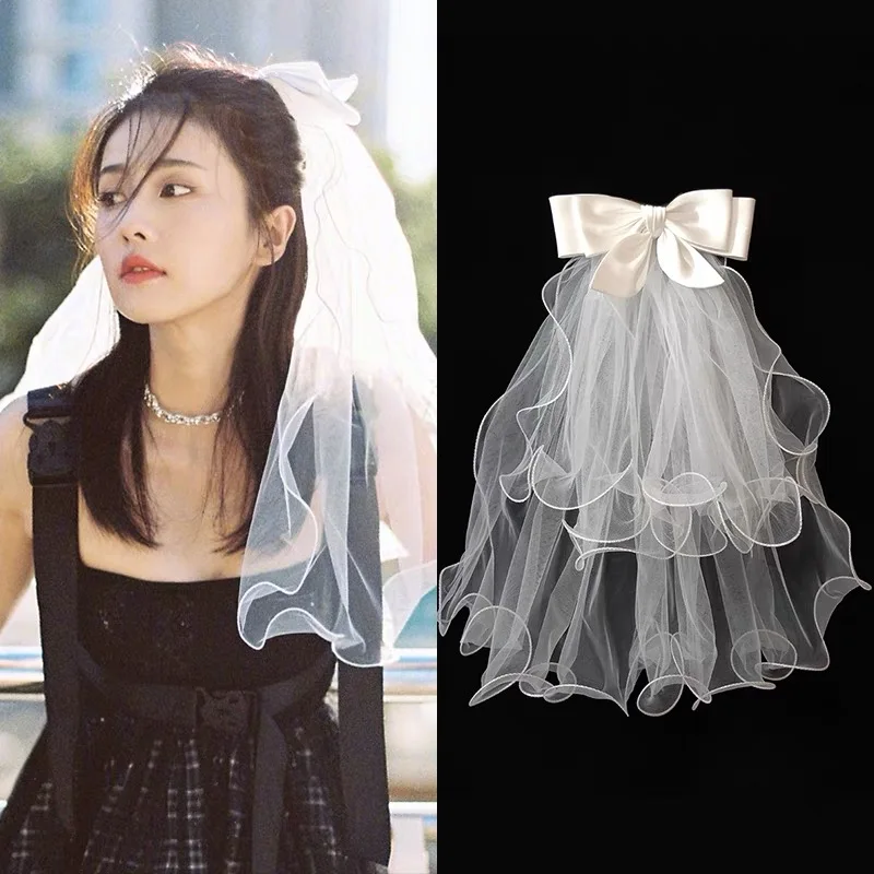 AWAYTR Mesh Hair Clip Cute White Veil Pearl Wedding Dress Hairpin Bridal Bow Veil Wedding Veil Korean Bride Headwear Bride Veil