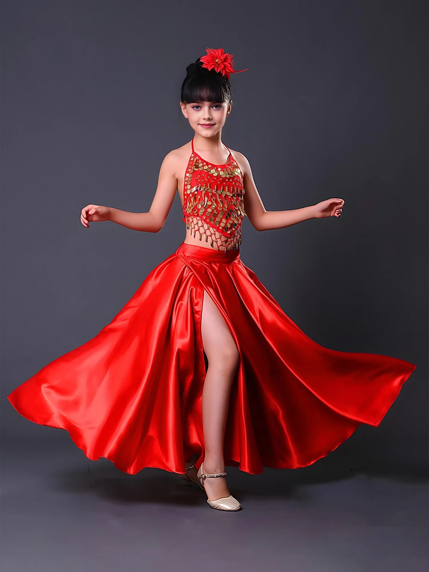 Kinder Mädchen Spanischer Flamenco-Tanzrock Stierkampf-Tanzkleid Satin Side Split Gypsy Lange Röcke Bauch Performance Dancewear