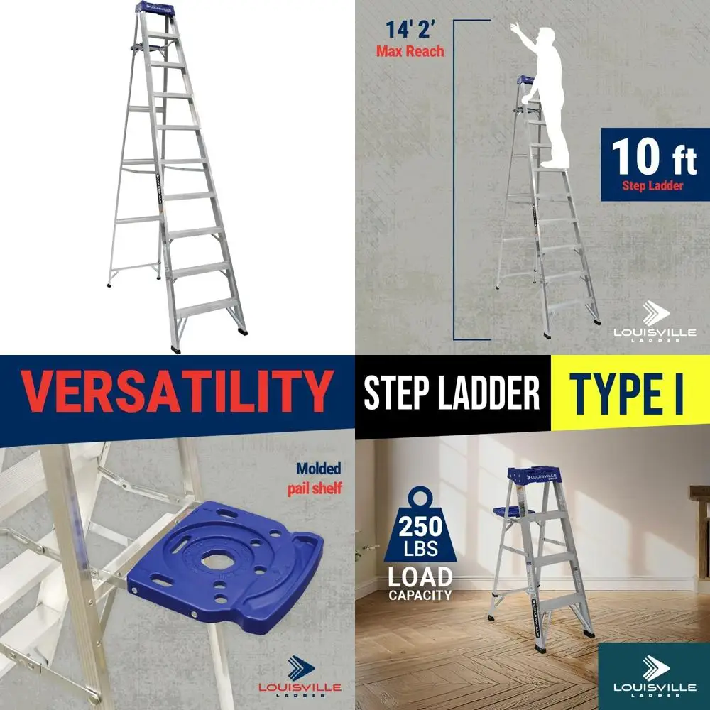 10-Foot Aluminum Step Ladder with Tool Tray by Louisville Ladder, 250 lbs Load Capacity, Type I, AS2110 Compliance