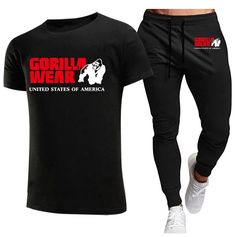 High quality summer new cotton T-shirt men\'s sports round neck short sleeves + casual sports leggings suit Gorilla logo set