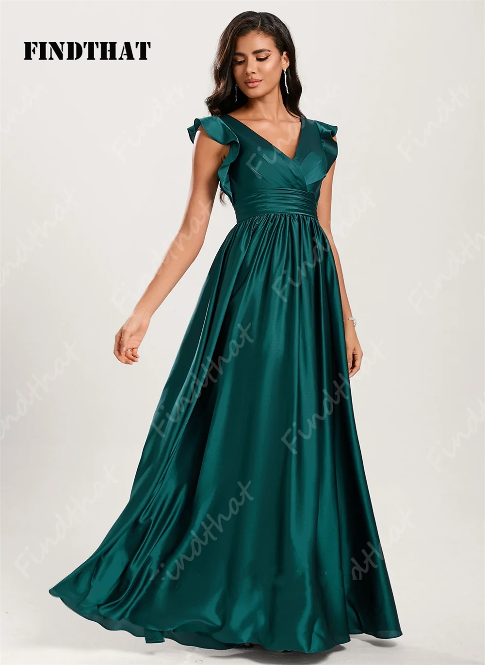 Findthat Elegant Ruched V-Neck Bridesmaid Dresses 2024 Sleeveless A-Line Hunter Green O-Backless Prom Party Gowns Floor Length