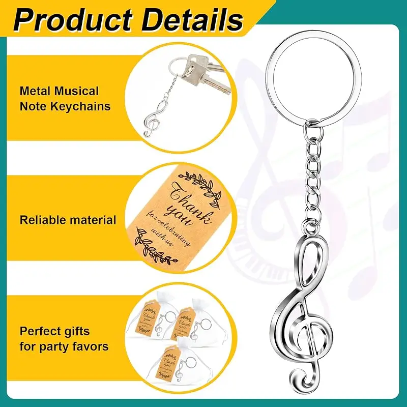 10Sets Musical Note Key Chain Party Favors Music Symbol Key Rings Thank You Gift Tags Organza Bags for Party Favors Decoration