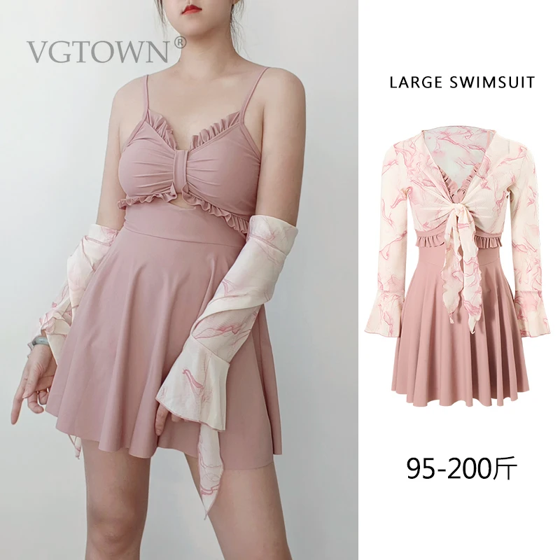 2PCS Plus Size L-8XL One Piece Swimsuit Women  Swimsuit Dress Mesh Ruffled Beachwear Summer 2026 New Korean Holiday Biquinis