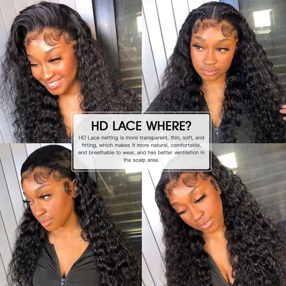 Deep Wave Lace Front Wigs Human Hair Transparent 13x4 220Density Pre Plcked Lace Frontal Wig For Women 1BNatural Color Curly Wig