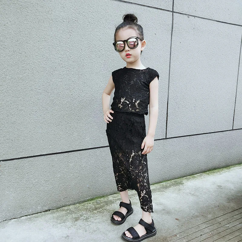 Black Baby Girls Lace Suit Sleeveless Vest Split Skirt Outfit Hollow Out Kids Clothing See Trough Mesh Streetwear 3 to 12 year