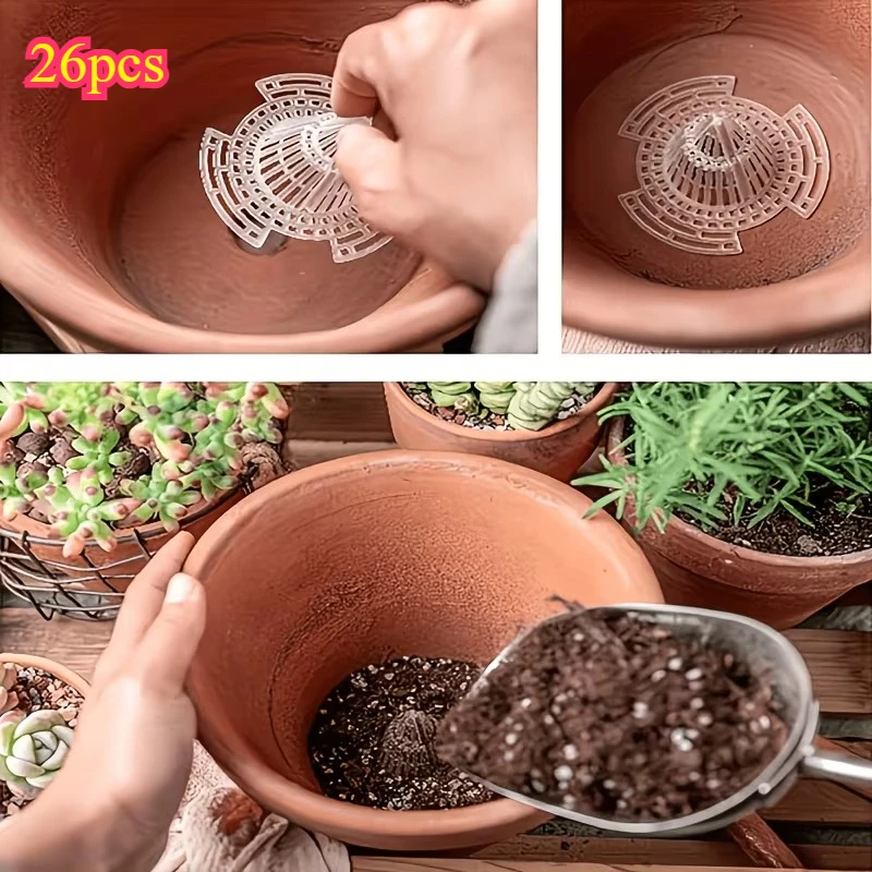 26Pcs Flower Pot Bottom Filters,Durable Plastic Conical Root Protectors with Caged Structure,Prevent Rot&Improve Drainage