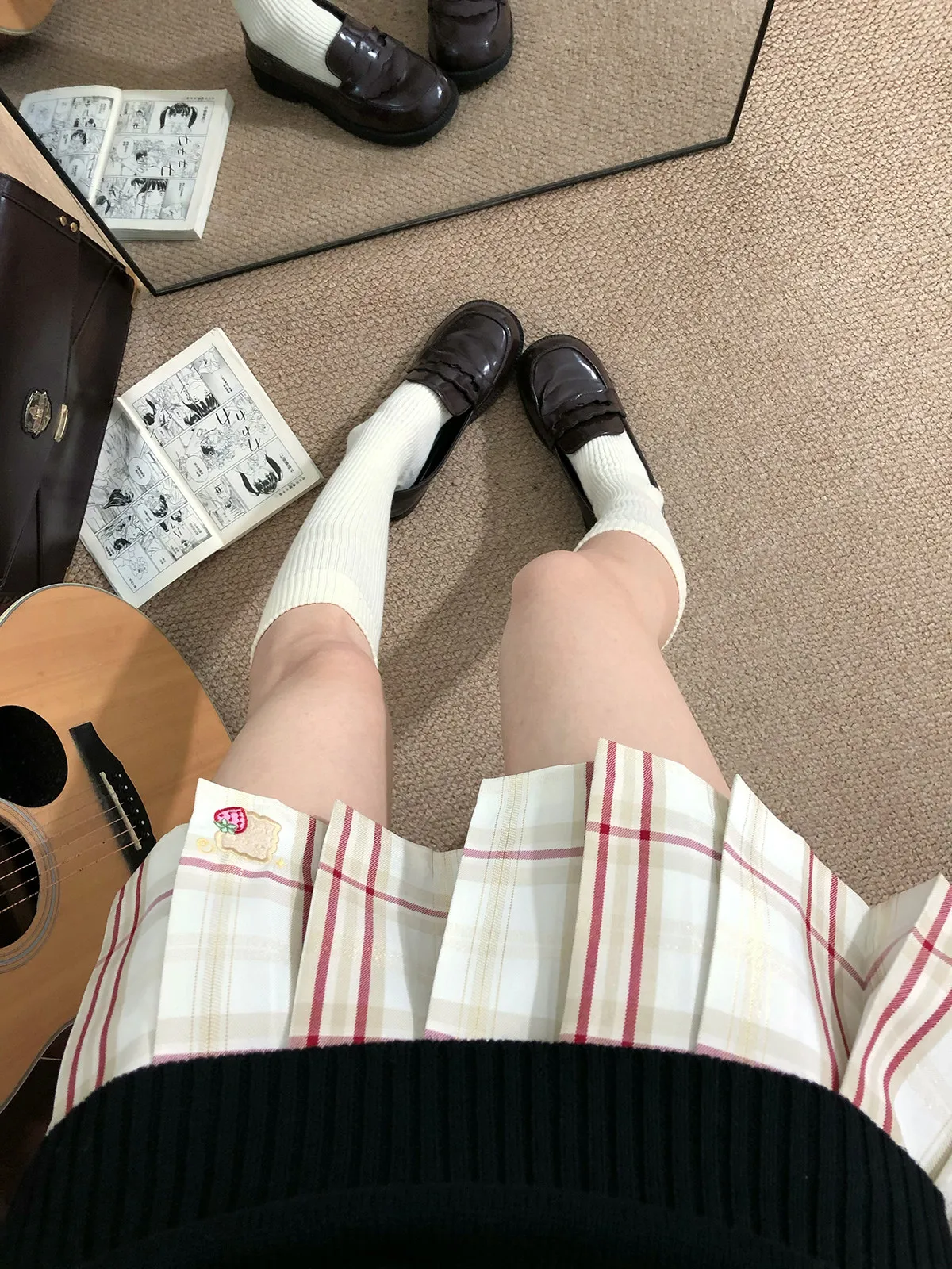 strawberry embroidery jk plaid cute college style pleated short skirt women