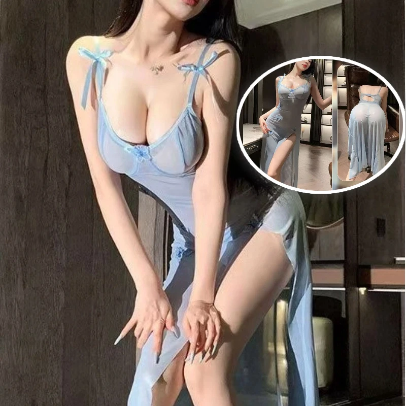 

V-neck Lingerie Set Erotic Sexy Lace Bra Sleepwear Solid Color Slim Fit Soft Dress High Slit Perspective Mesh Backless Nightgown