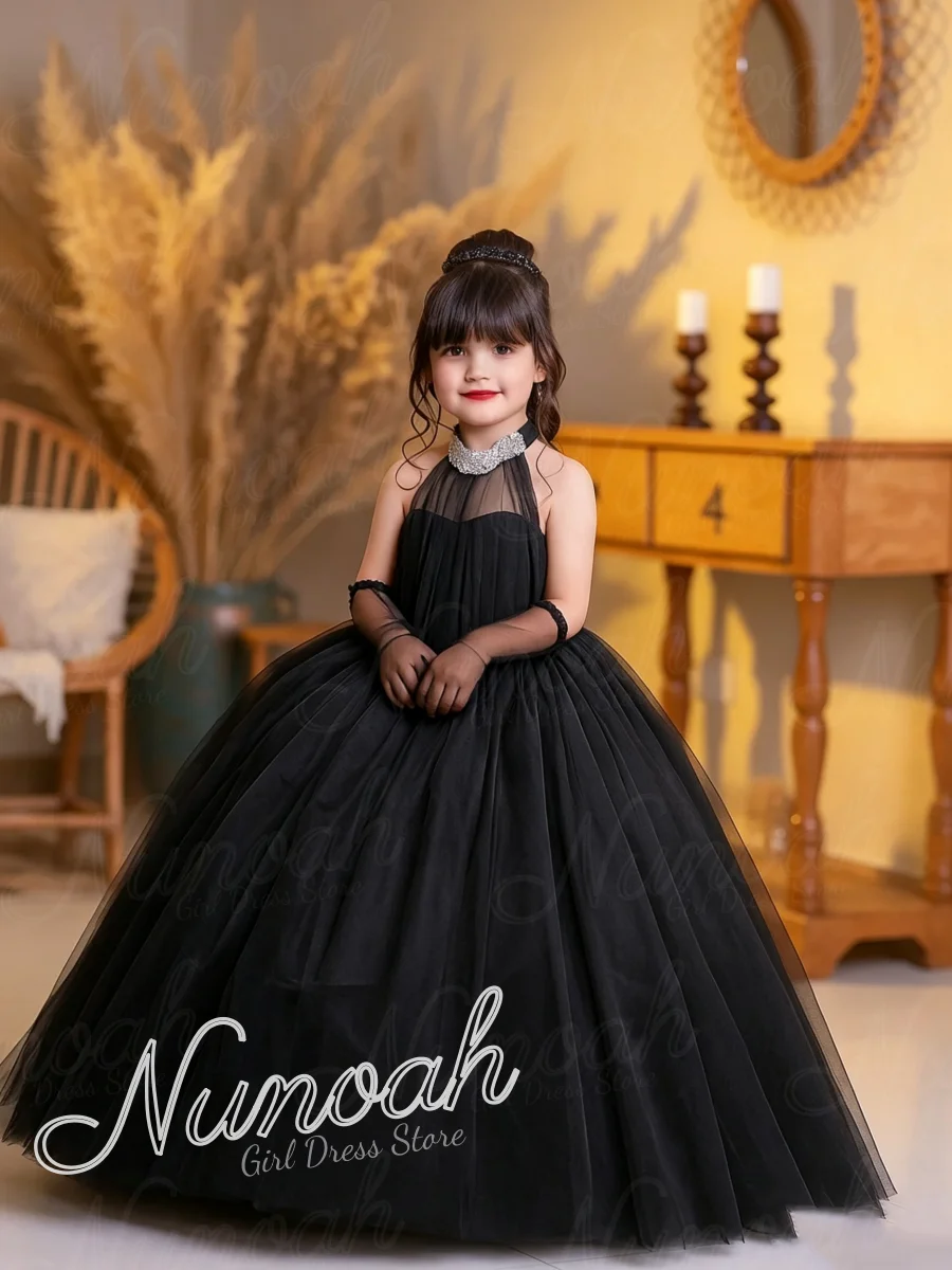 Customized Black Tulle Flower Girl Dresses for Wedding Bow Backless Sleeveless Baby Kids Birthday Party First Communion Gown
