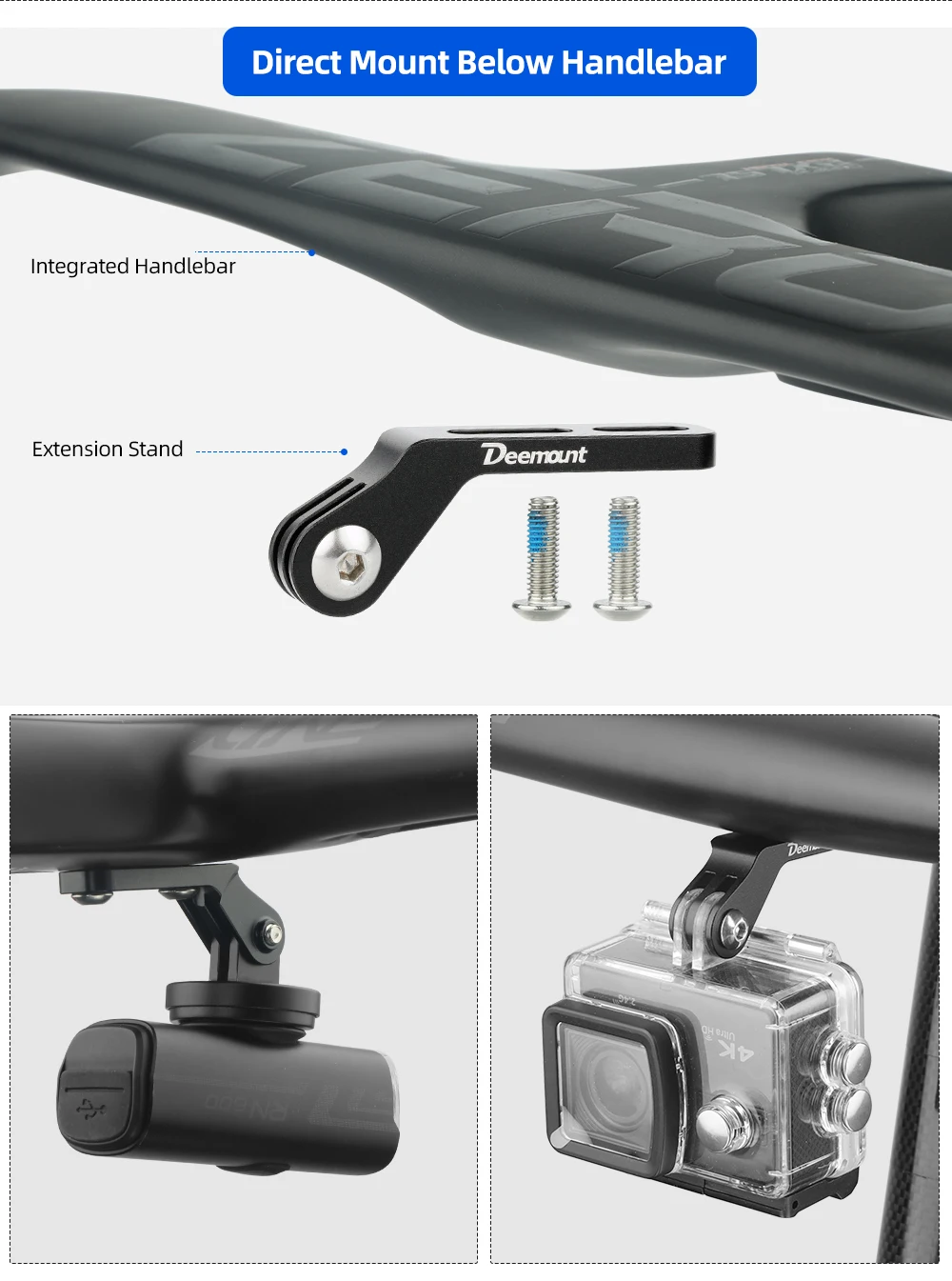 Deemount Fahrrad-Scheinwerferhalterung mit integriertem Lenker, passend für Gopro-Sportkamera, Verlängerungsständer aus Aluminiumlegierung für Computer – Detail 5