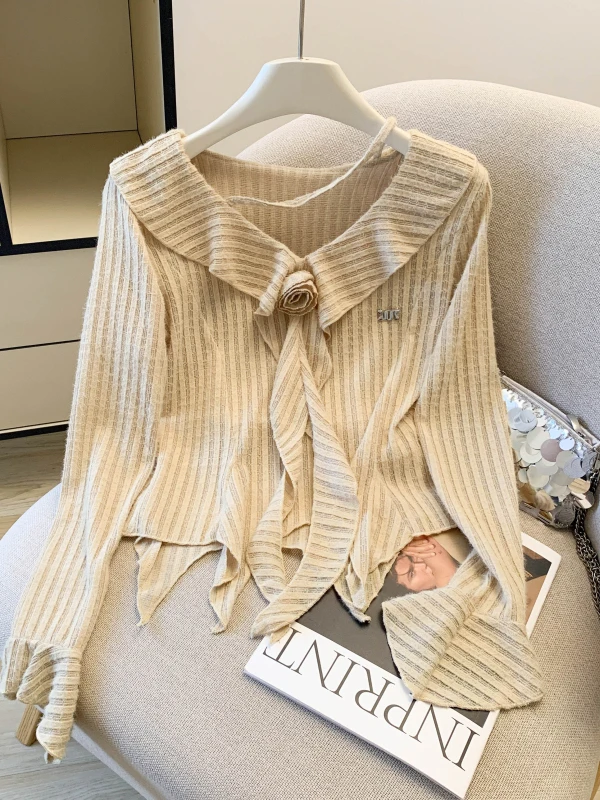 

Ele ort Lace irt Women's Faion Spring V-ne Bell Sve Ruffle Hem Long Sve Top Age-defng Asymmetrical