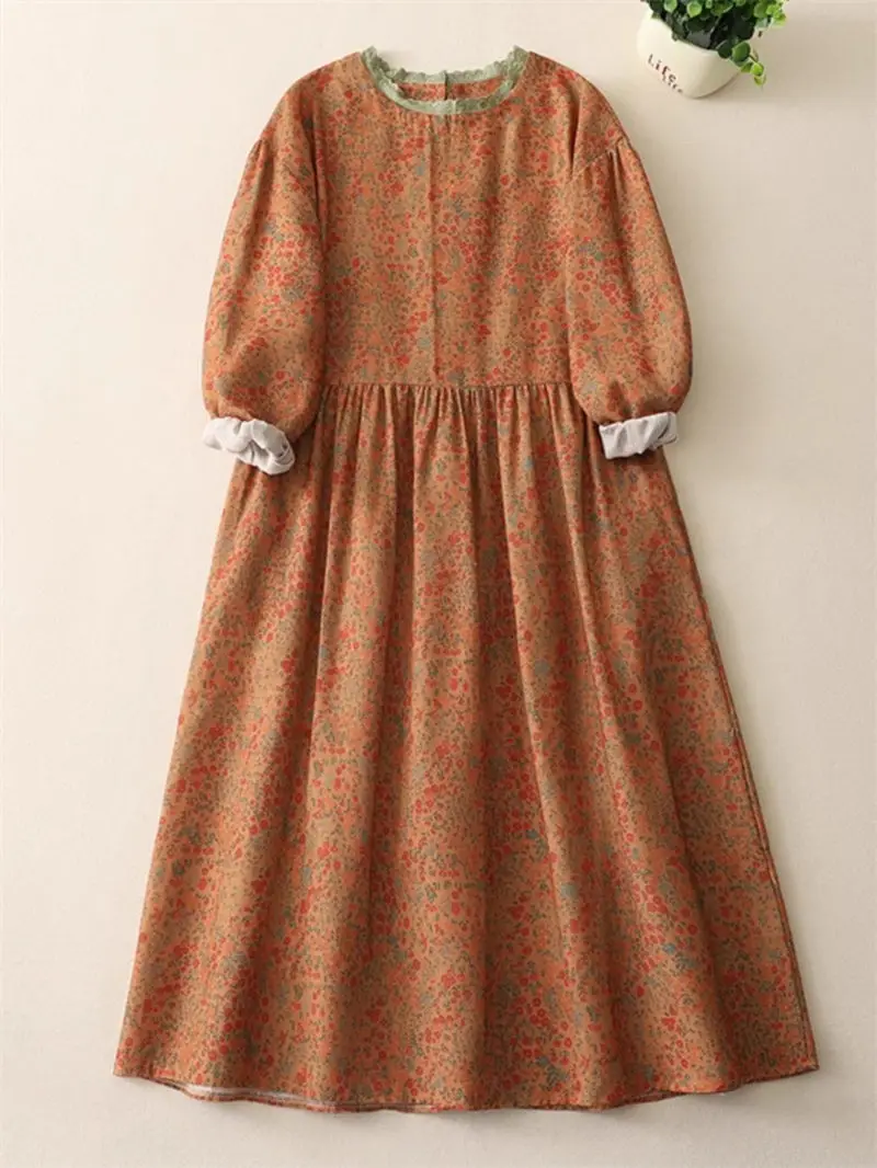 Vestido feminino estilo japonês primavera com gola de renda floral – vestido midi de manga comprida em camadas soltas de linho de algodão JJ958