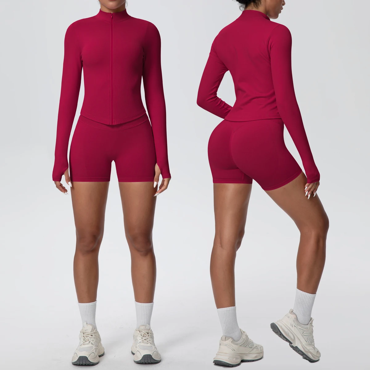 

Женский спортивный комплект для йоги в тренажерном зале, однотонные рубашки для бега, молния для йоги, длинные рукава, персиковые ягодицы, быстросохнущие шорты для фитнеса, комплект для йоги