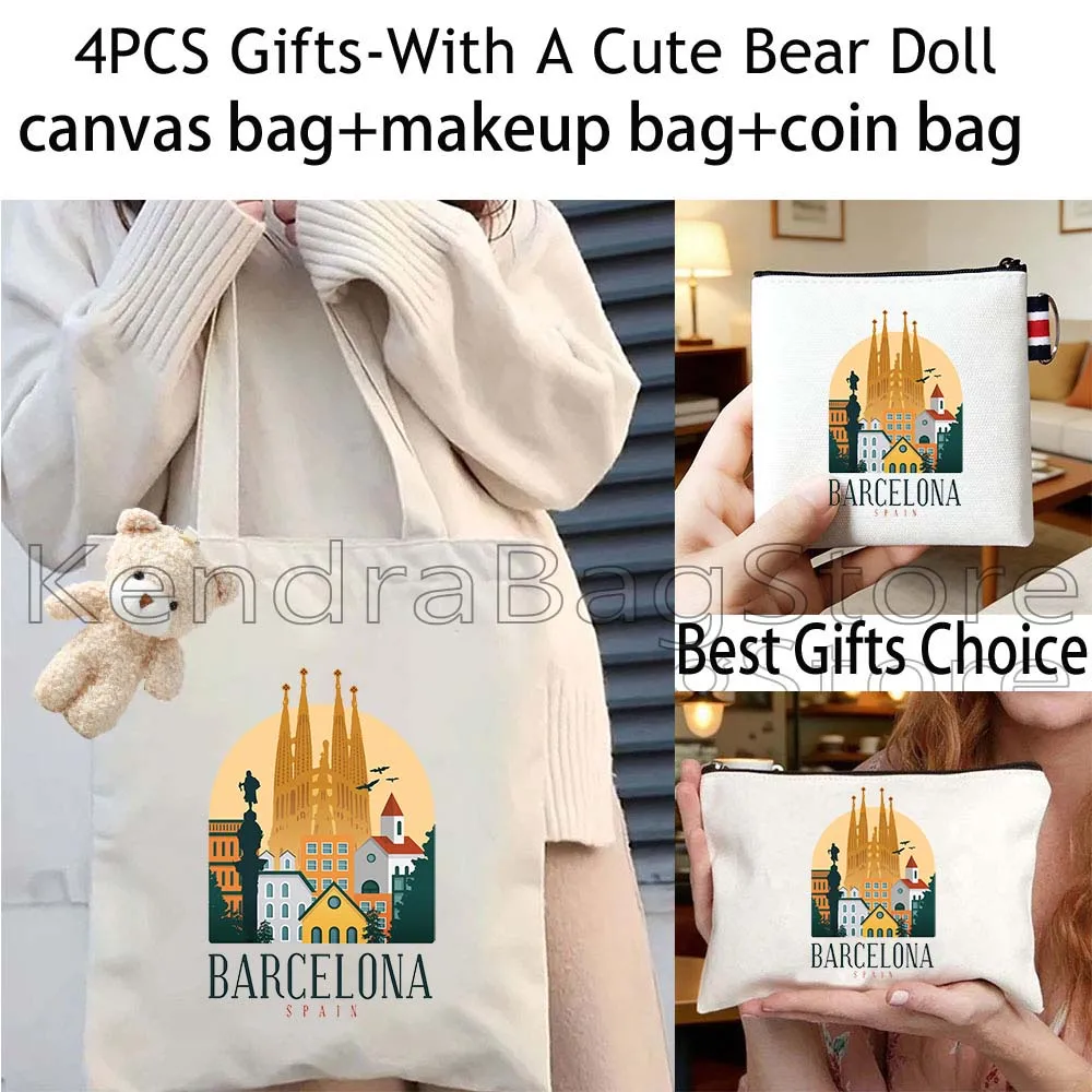 4 Bolsas de Lona de Regalo: Barcelona, Berlín, Londres, Munich, París, Roma, Bolso de Mano, Bolsa de Maquillaje, Monedero, Cartera para Tarjetas