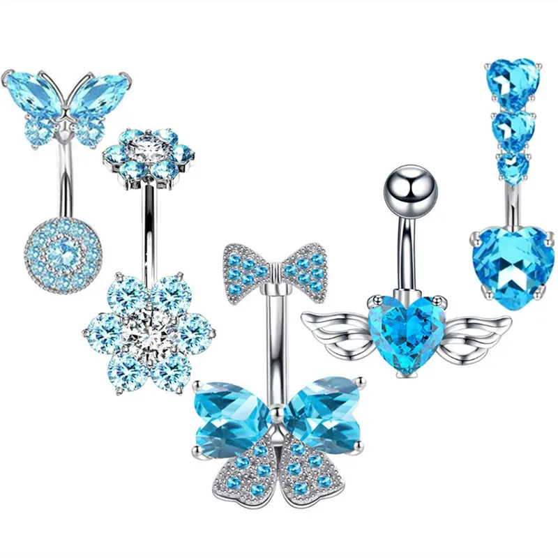 Pink Flower Belly Button Rings Set Women Blue Crystal Belly Piercing Bulk Heart Navel Barbell Jewelry Pack Piercing Ombligo Lote