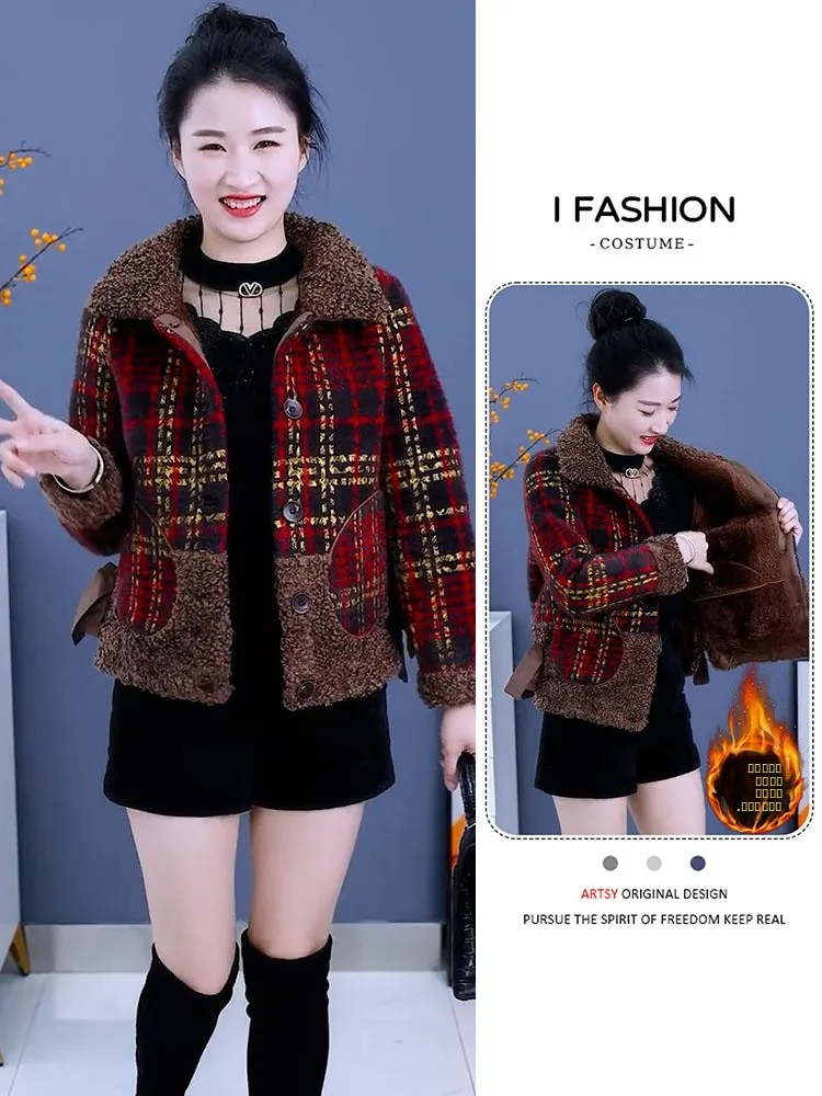 

Женское теплое пальто на флисовой подкладке, свободного кроя, с длинными рукавами, воротником и пуговицами, в клетку, для повседневной носки