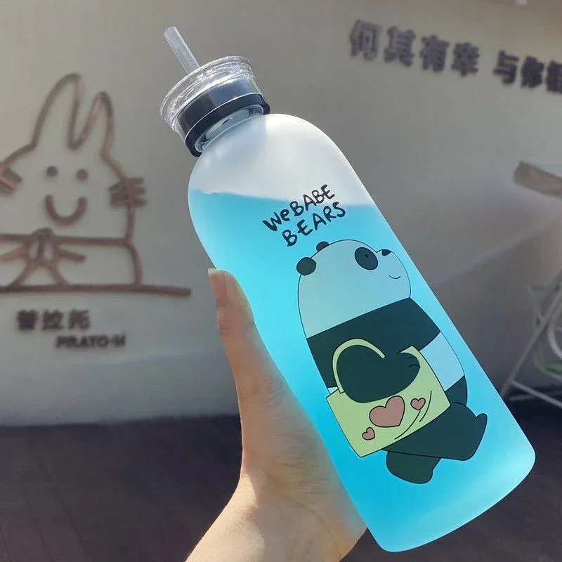 1L Kawaii Cute Plastic Water Bottle Panda Bear Frosted Cup with Lid Straw Cartoon Leak-Proof Drinking Bottle Drinkware Shaker