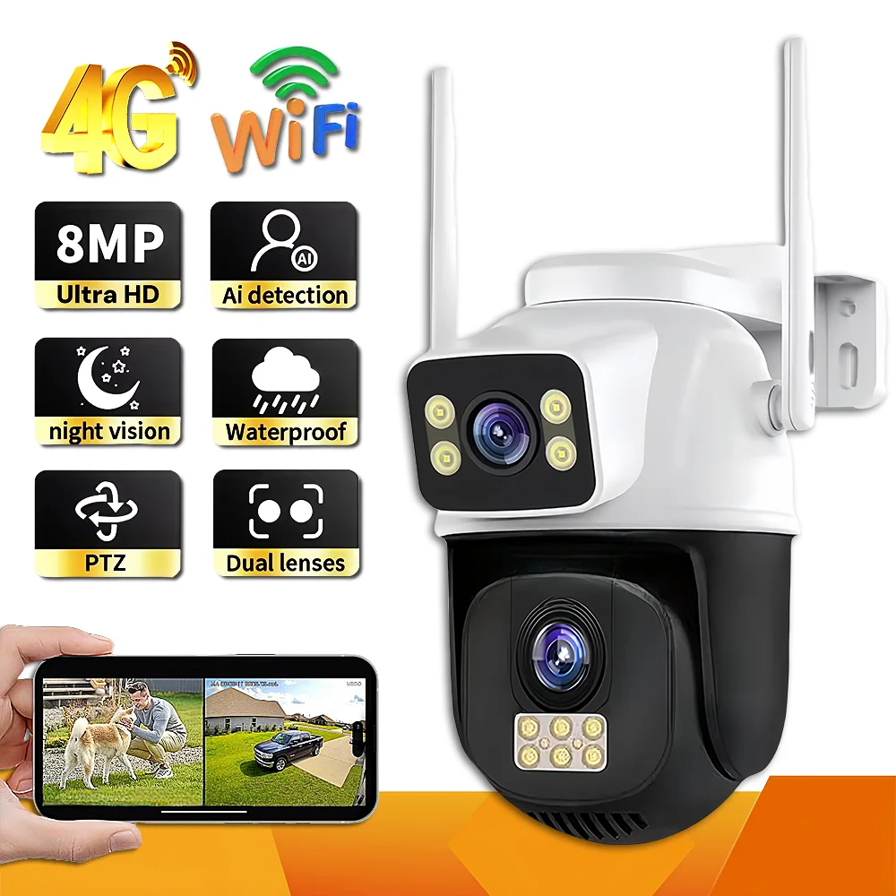 

8MP WiFi Camera Dual Lens Dual Screen Wireless Outdoor Surveillance Human Detect Security Protection PTZ IP 4G Sim Card Cameras