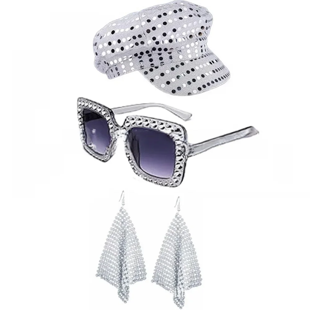 

5 Pcs Cosplay Prop Silvery Sequined Hat 70S Women Bracelet Necklace Earrings Sunglasses Disco Party Accessories Match Costume