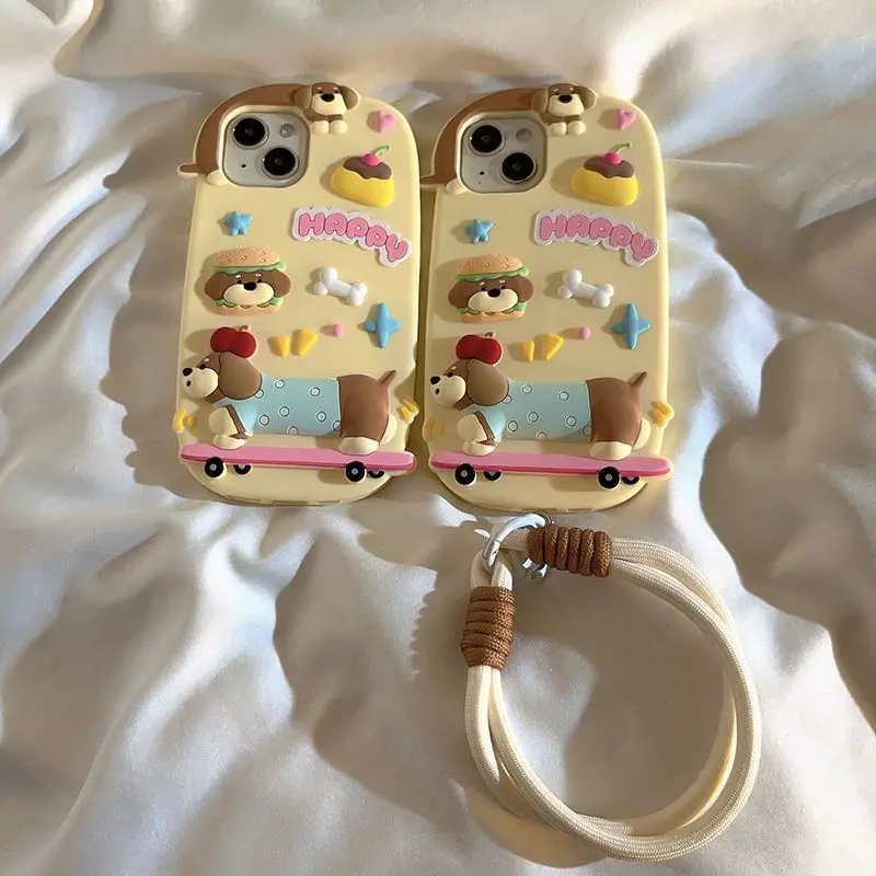 

Phone Case For iPhone 16 15 14 13 Pro Max New INS Cartoon 3D Skateboard Dachshund Shape Soft Protective Cover With Lanyard