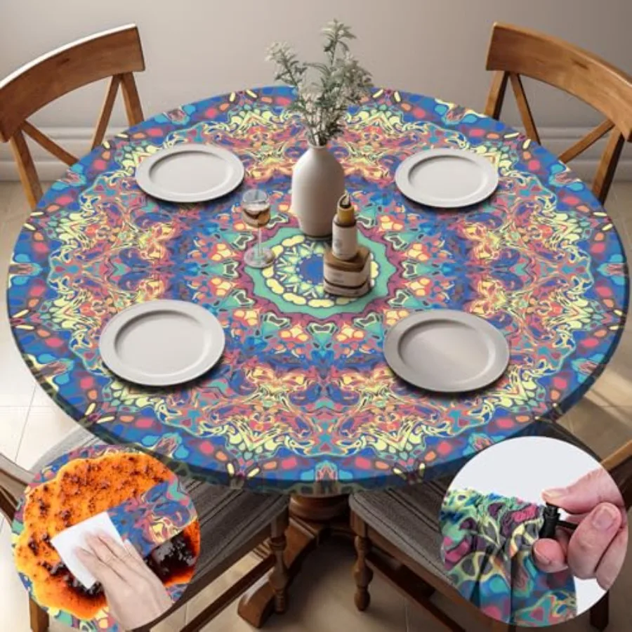

Round Tablecloth Waterproof Boho Fitted Vinyl Table Cloth Summer Fall Outdoor Circle Cover for 36-44 Tables Kitchen Dining Apar