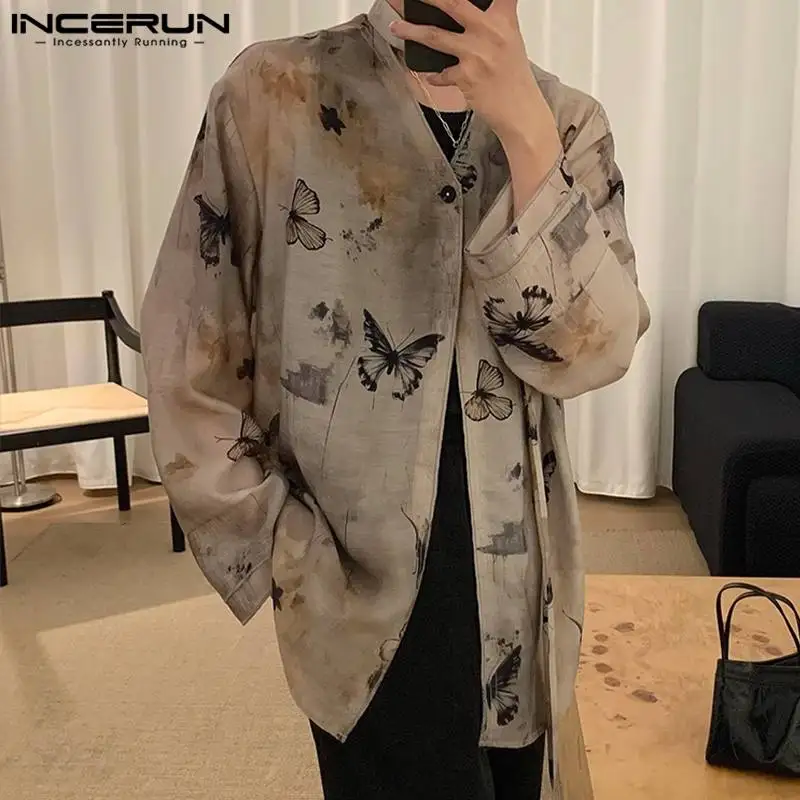 INCERUN Men\'s Shirt Printing V Neck Long Sleeve One Button Casual Men Clothing Streetwear Loose 2024 Korean Fashion Male Shirts