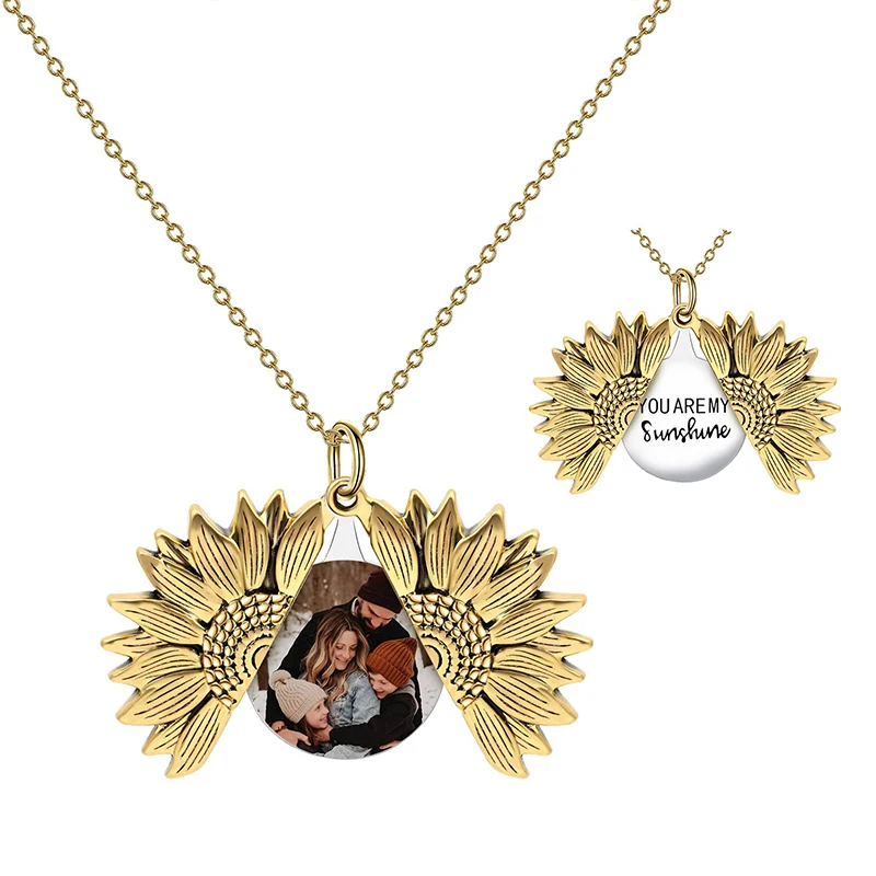 

Personalized Photo Sunflower Locket Necklace for Women Customized Picture/Text Memorial Locket Necklace Sunshine Jewelry Gifts