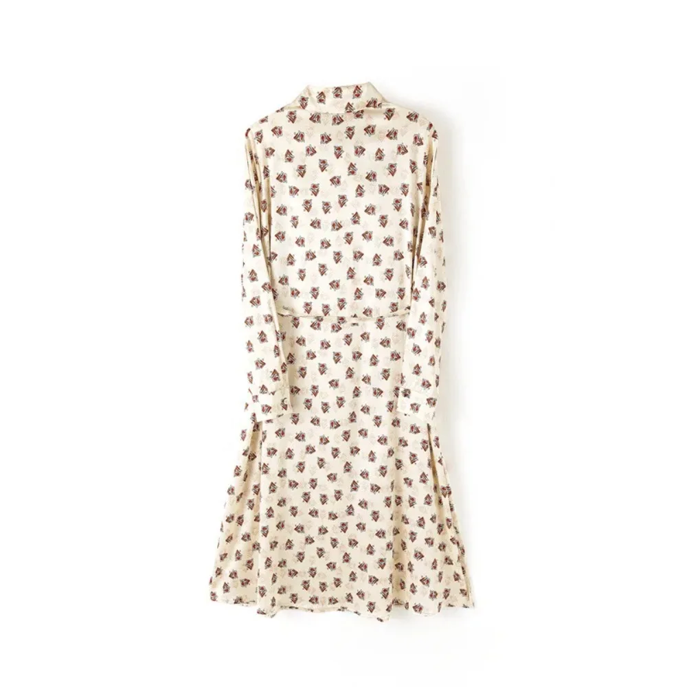 Damenmode-Kleidung, 90 % natürliche Maulbeerseide, elastischer Satin, elegantes Temperament, Schnürkragen, einreihiges Kleid