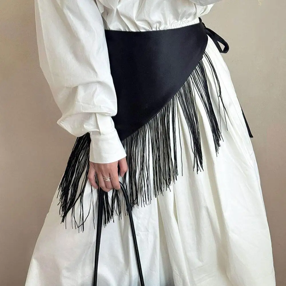 เข็มขัดผ้าสีดำพร้อมพู่ห้อยสำหรับชุดเดรส ทรงสามเหลี่ยม คอร์เซ็ท สไตล์โบฮีเมียน สำหรับตกแต่งเสื้อโค้ทและเสื้อเชิ้ต