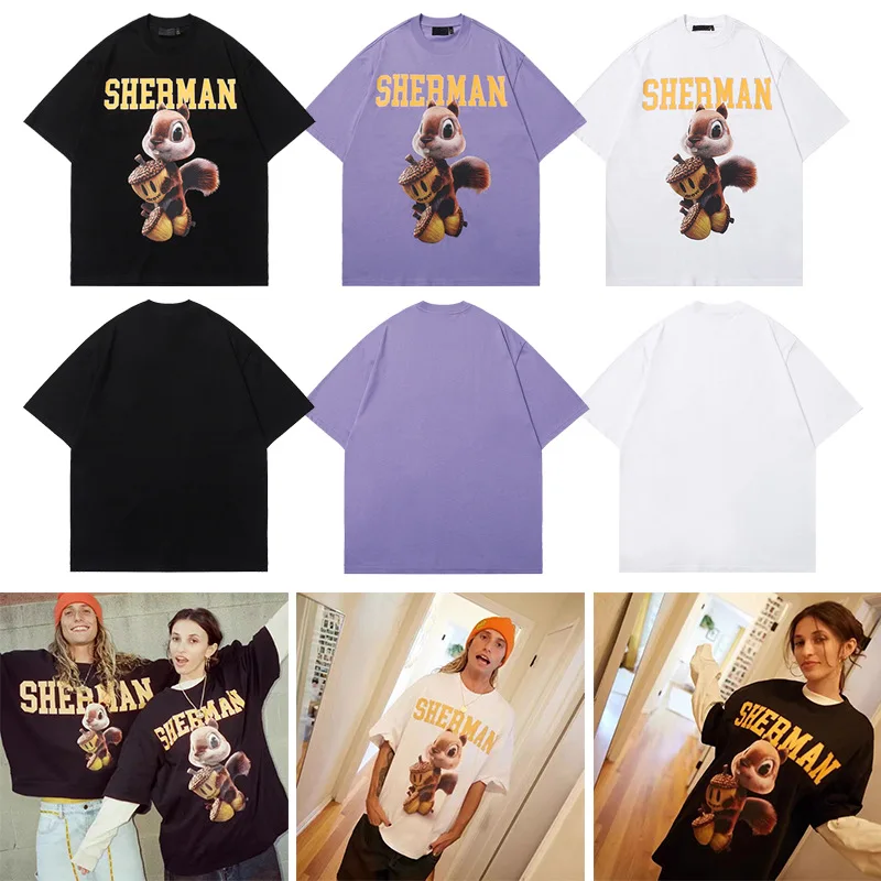 

Drew House Premium Quality Short-Sleeve 3D Squirrel High-Street Oversized Couple's Cotton T-Shirt for Men and Women