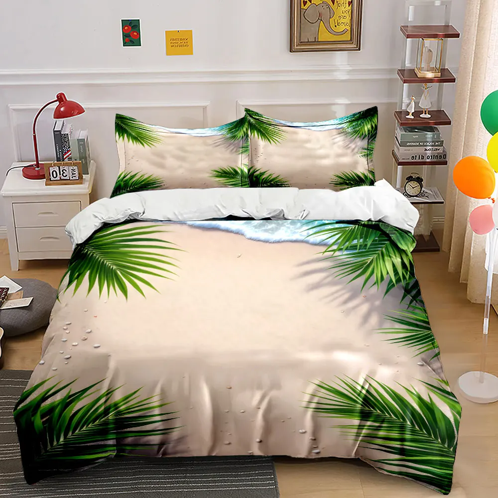 Beach Palm Waves Summer Scene Bedding Set for Kids Luxury Gift 3pcs Digital Print Comforter Set Soft Comfortable Breathable
