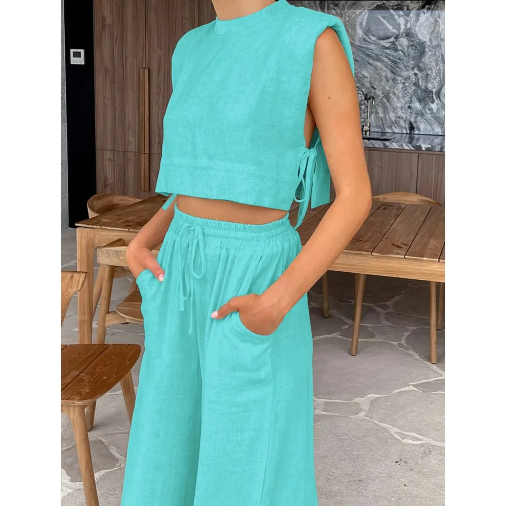 

Fashion Shoulder-padded Side Tie Short Women's Top Two-piece Set Spring Summer New Casual Drawstring Female Trousers Set 2025
