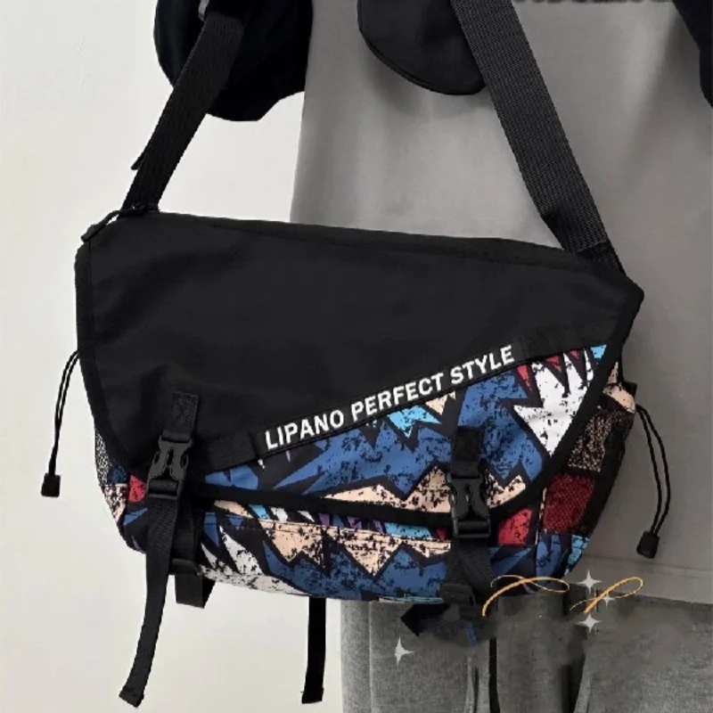 Street Graffiti Print Crossbody Bag Nylon Work‑Style Sling Shoulder Bag Large Capacity Multi‑Pocket Casual Messenger Bag