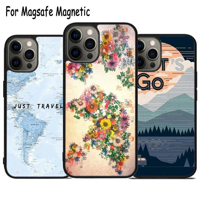 World Map Travel Wireless Charge Magsafe Phone Case For iPhone 15 16 14 13 11 12 Pro Max Plus Magnetic Bumper Cover