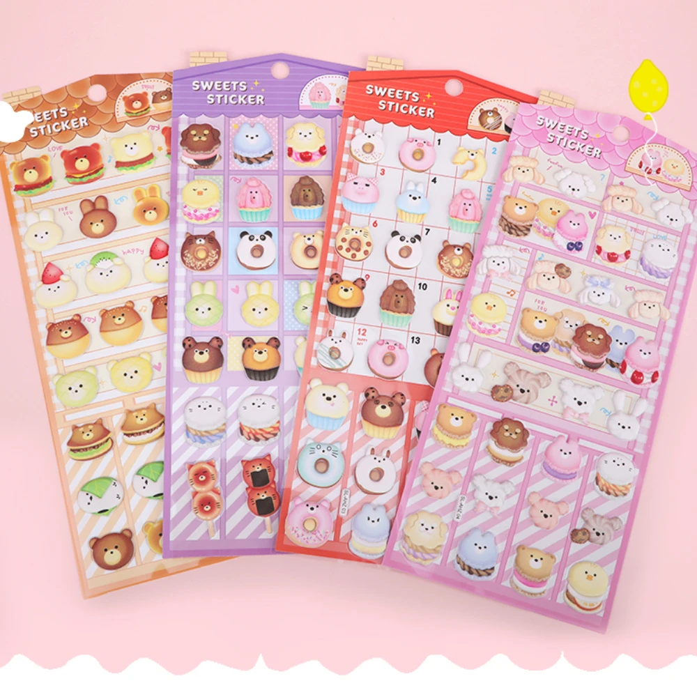 Kawaii Dessert Cake 3D Puffy Donut Animals Sticker Cute Stickers Sheet Scrapbooking Diy Stationery Art Supply Decor Prize Gift