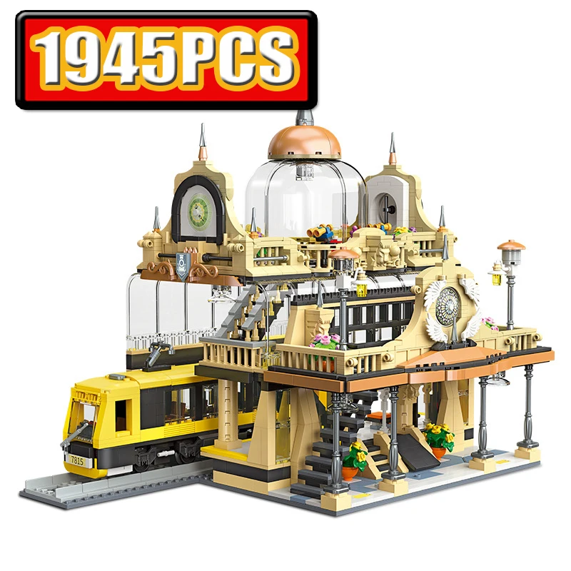 Creative City Street View Train Station Building Blocks Set LED Railway House MOC Bricks Children Toys Adult Christmas Gifts DIY
