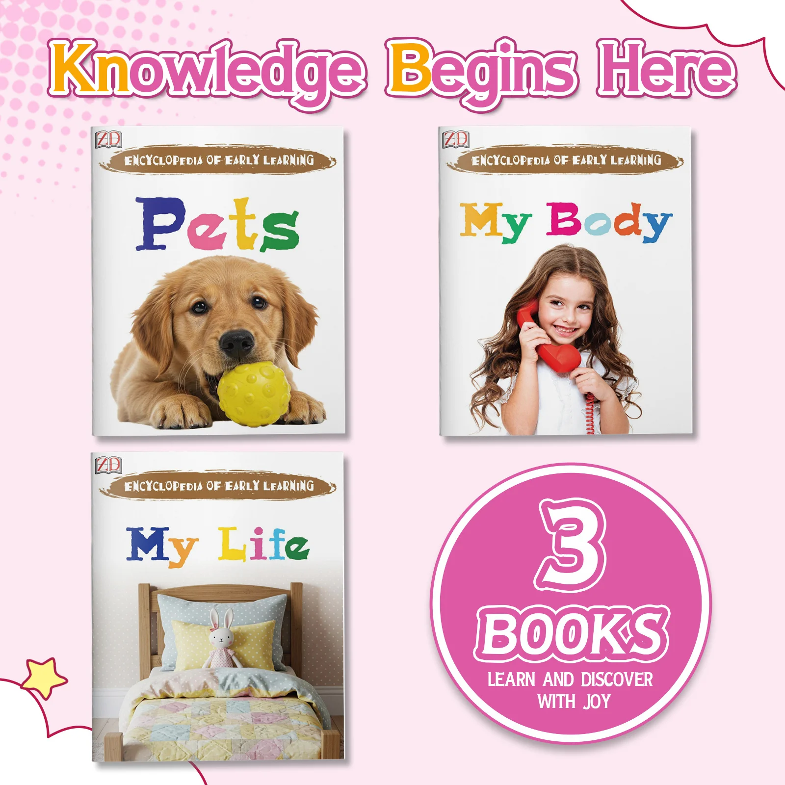 3-Book Kids' Pets, My Body and My Life Picture Book Set, Large-Print Photo Vocabulary and Everyday Learning Books