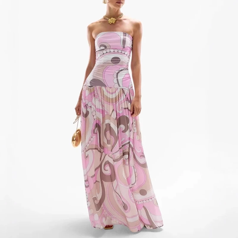 Elegante padrão impresso sem mangas bohe vestido feminino sexy sem alças sem costas balanço vestido moda altura cintura plissado vestidos longos