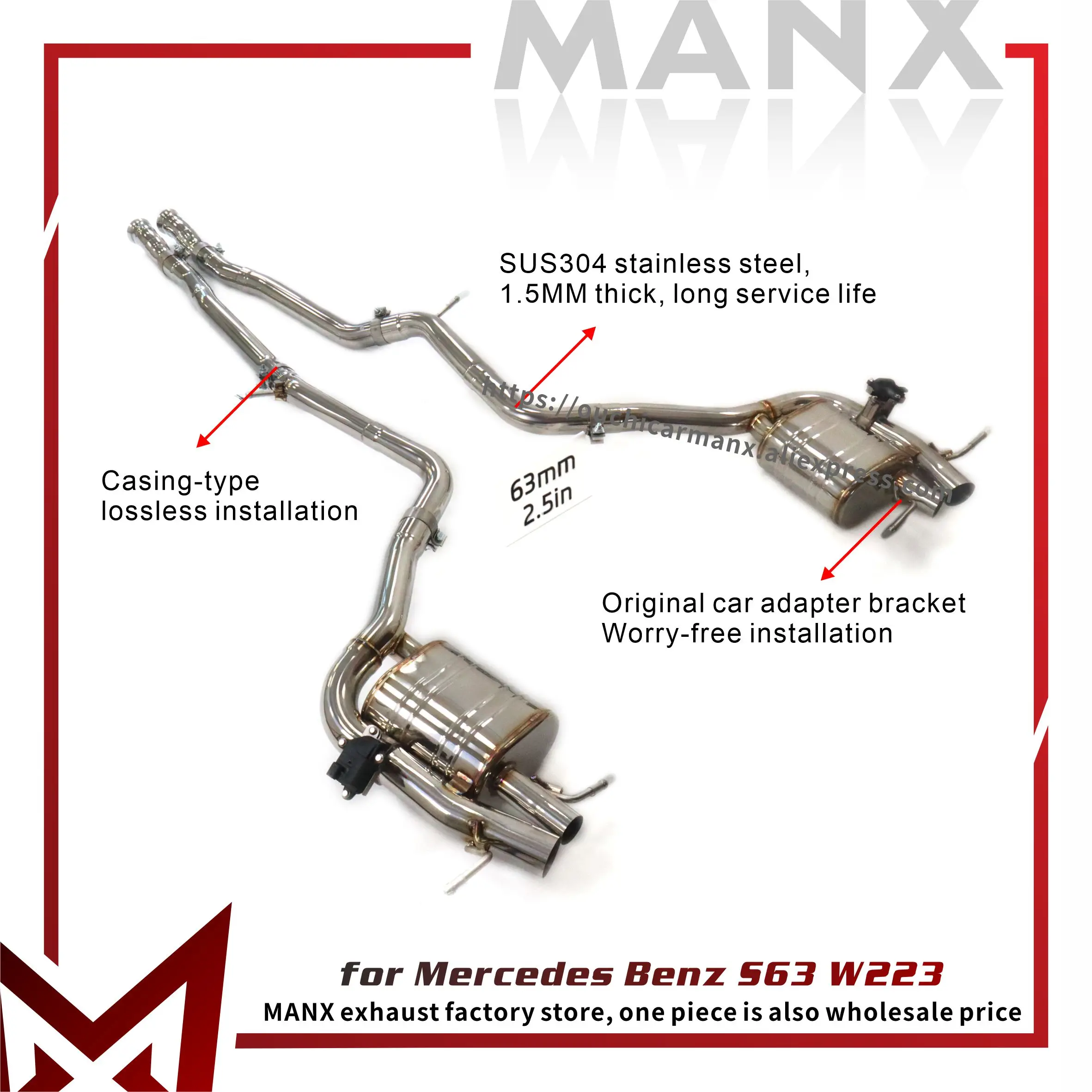 

MANX Exhaust system for Mercedes Benz S63 W223 Catback SS304 Replacement installation Electronic valves