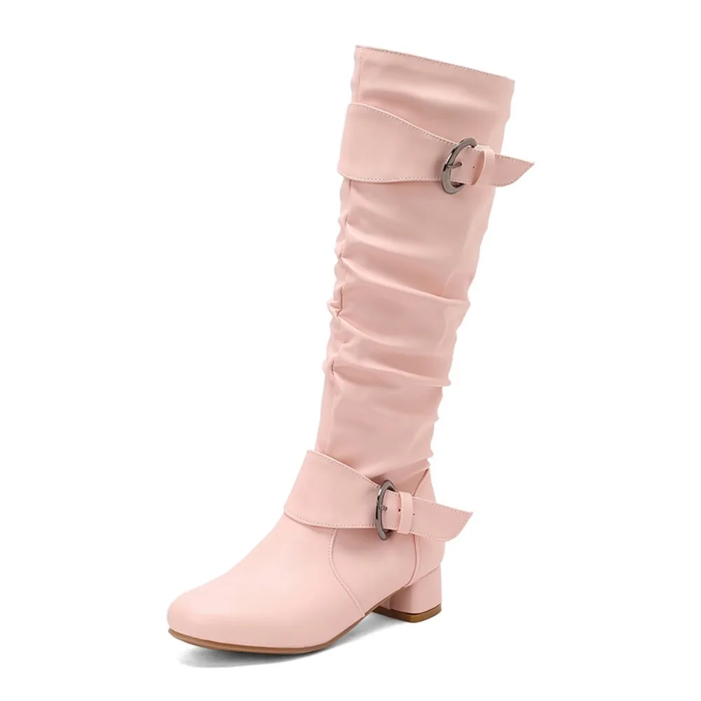 

BLXQPYT Knee High Boots Women Sexy Fashion Belt Buckle Inner Zipper Thick Heels Pink White Party Autumn Winter Long Boots 559-81