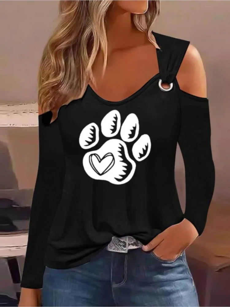 

Fashion Print T Shirt For Women Casual Black Long Sleeve Y2k Tops Fashion Off Shoulder T-shirts Women Clothing 2023 New Arrivals