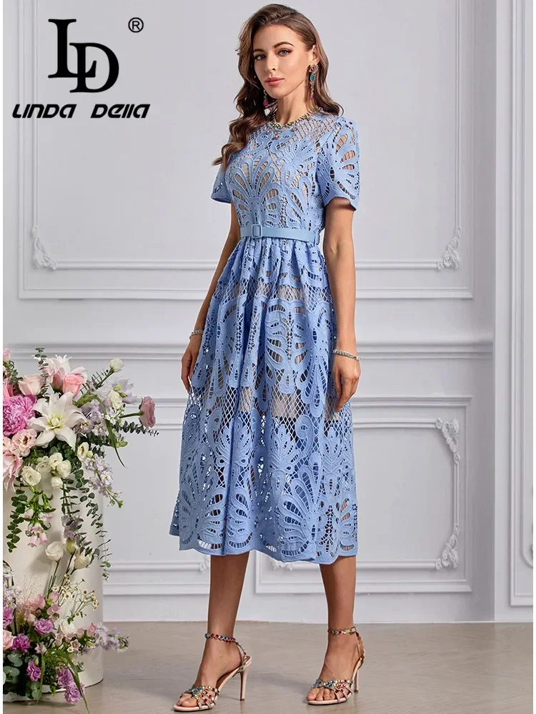 

LD LINDA DELLA 2024 Summer Luxury Dress Women's Vintage Solid Color Sexy Embroidery Hollow Out Sashes Medium Length Dresses