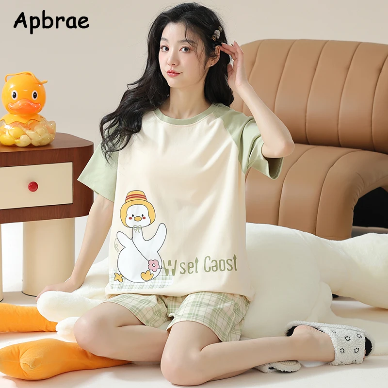 New Summer Woman Pajama Soft Faux Cotton Pyjamas Short Sleeved Plaid Pants Pajama Korean Kawaii Rabbit Print Home Wear